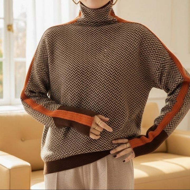 Auburn™ | Luxe Brown Herringbone Turtleneck Sweater
