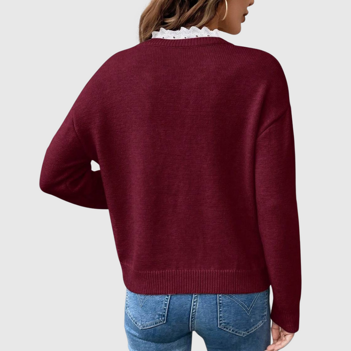 eleste™ | Luxe Navy Lace Trim V-Neck Sweater