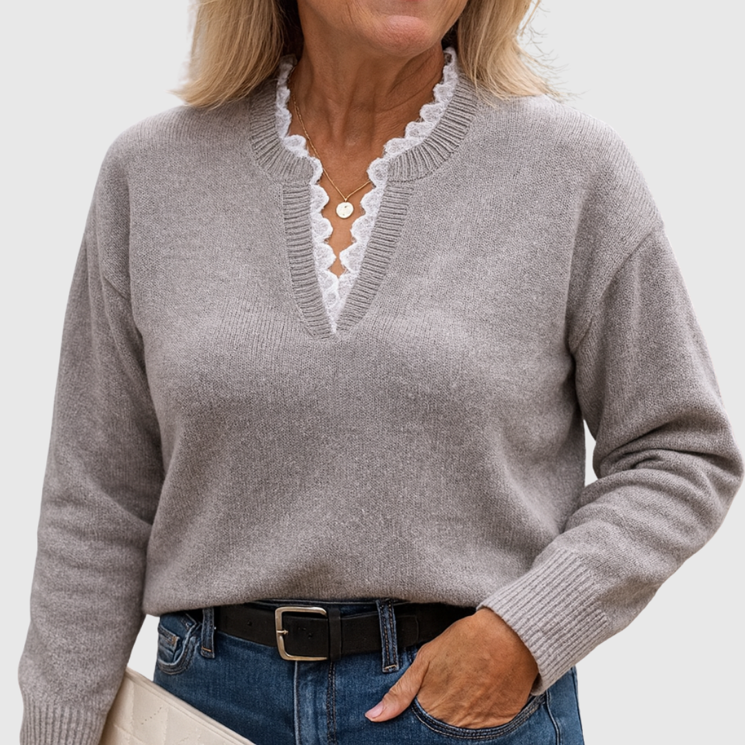 eleste™ | Luxe Navy Lace Trim V-Neck Sweater