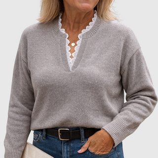 eleste™ | Luxe Navy Lace Trim V-Neck Sweater