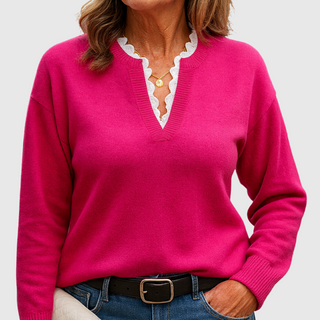 eleste™ | Luxe Navy Lace Trim V-Neck Sweater