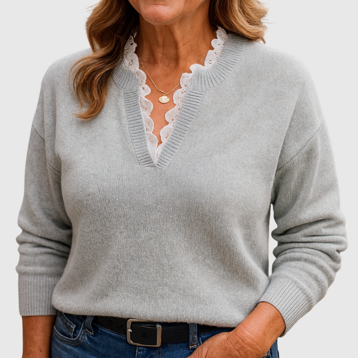 eleste™ | Luxe Navy Lace Trim V-Neck Sweater