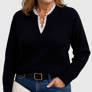 eleste™ | Luxe Navy Lace Trim V-Neck Sweater