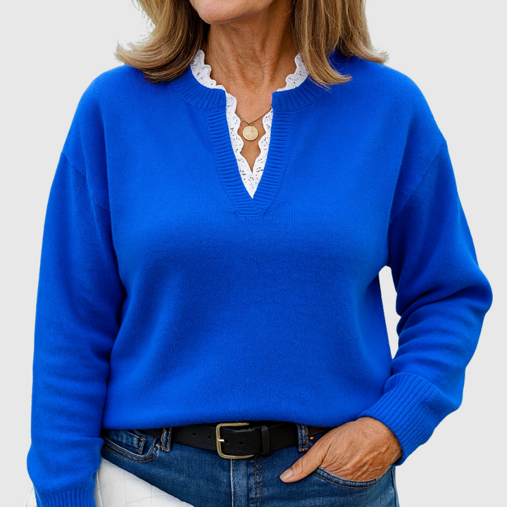 eleste™ | Luxe Navy Lace Trim V-Neck Sweater