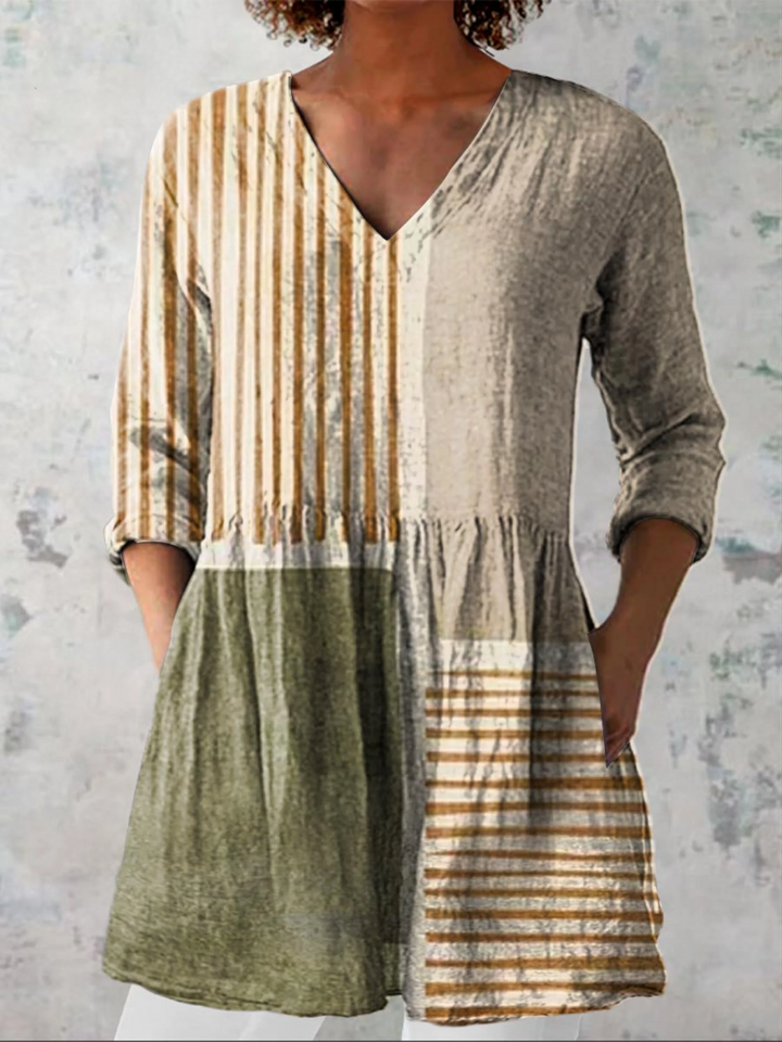 Harper™ | Earthtone Patchwork V-Neck Shirt
