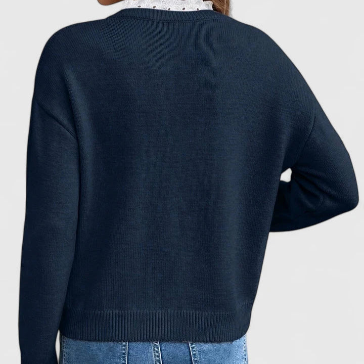 eleste™ | Luxe Navy Lace Trim V-Neck Sweater