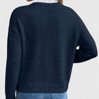 eleste™ | Luxe Navy Lace Trim V-Neck Sweater