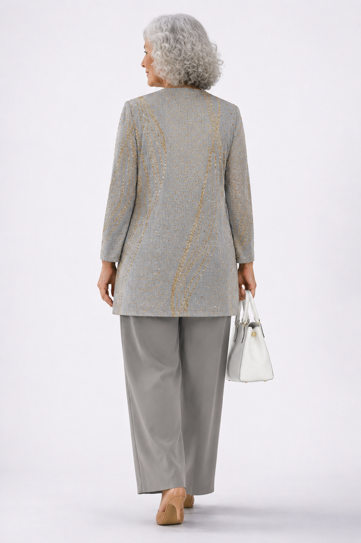 Evelyn™ | Elegant Grey Gold Wave Print 3-Piece Set