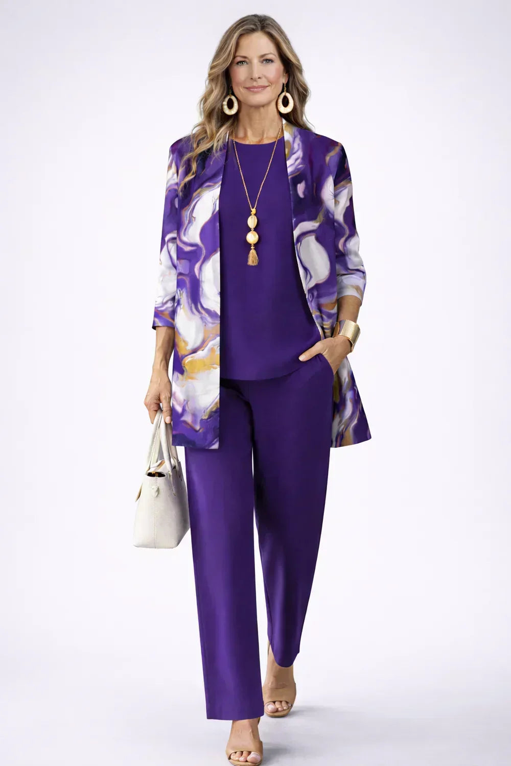 Celestine™ | Elegant Purple Abstract Print 3-Piece Tunic & Trousers Set
