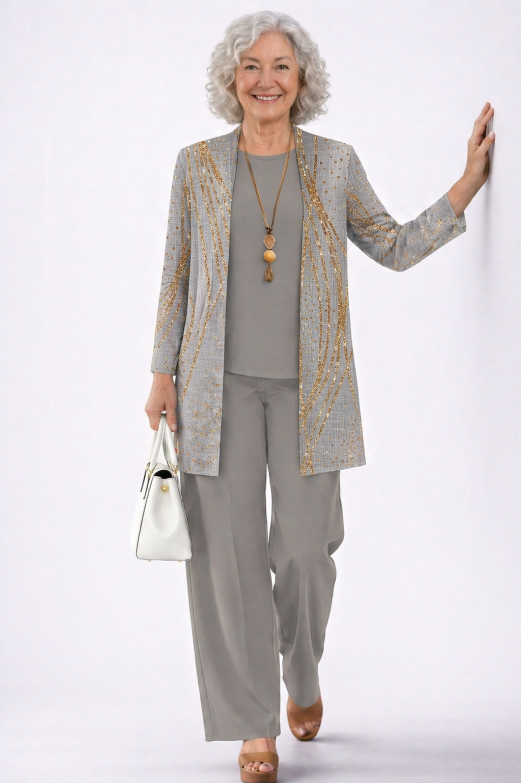 Evelyn™ | Elegant Grey Gold Wave Print 3-Piece Set
