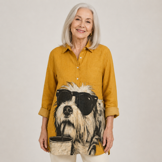 Joanne™ | Playful Dog Print Button-Up Blouse
