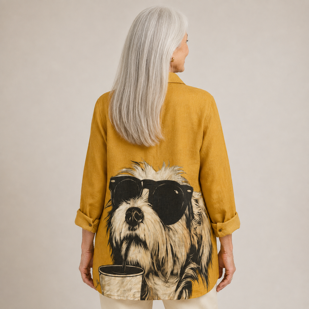 Joanne™ | Playful Dog Print Button-Up Blouse