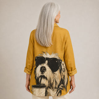 Joanne™ | Playful Dog Print Button-Up Blouse