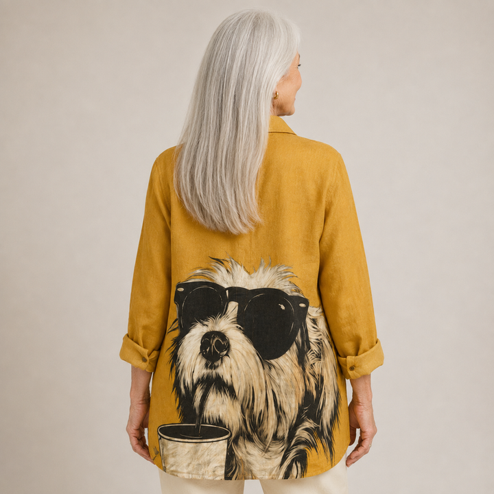 Joanne™ | Playful Dog Print Button-Up Blouse