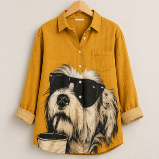 Joanne™ | Playful Dog Print Button-Up Blouse