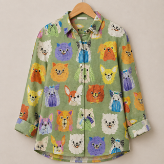 Barbara™ | Whimsical Cat Print Button-Up Blouse