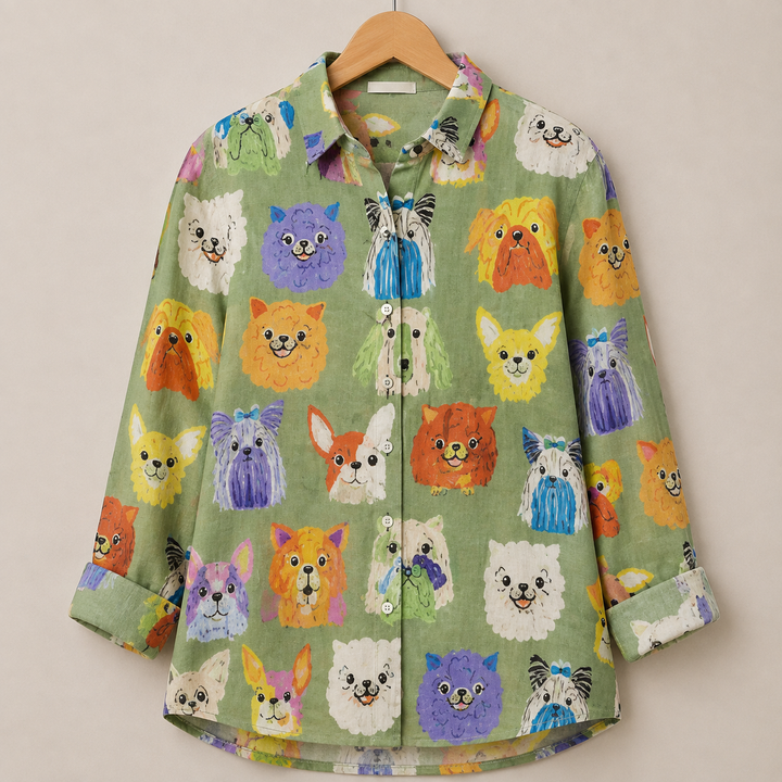 Barbara™ | Whimsical Cat Print Button-Up Blouse