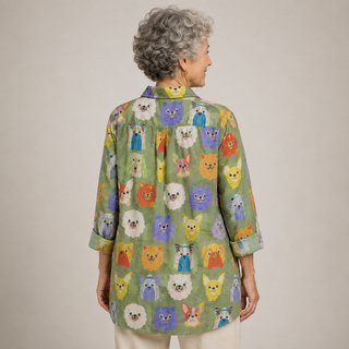 Barbara™ | Whimsical Cat Print Button-Up Blouse