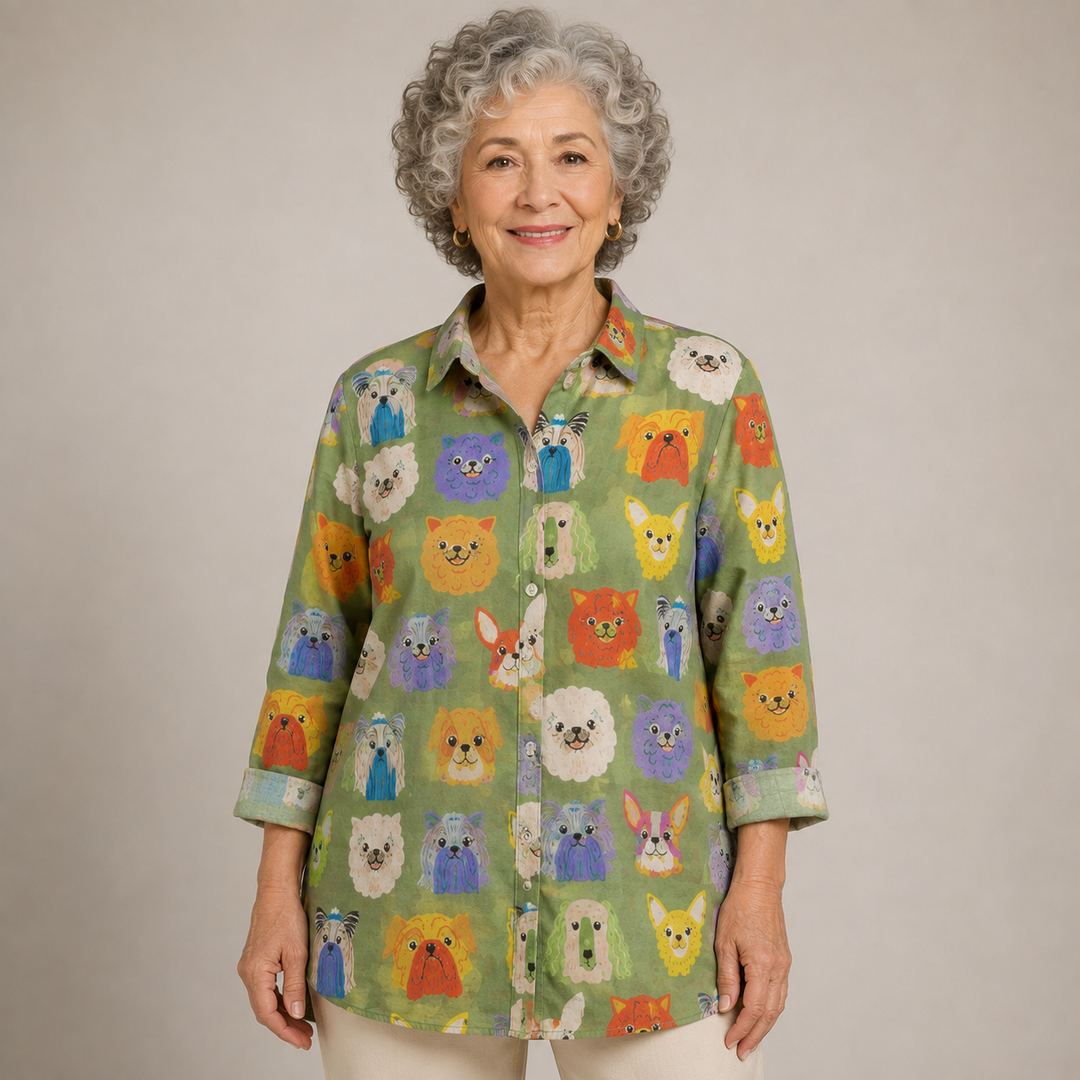 Barbara™ | Whimsical Cat Print Button-Up Blouse
