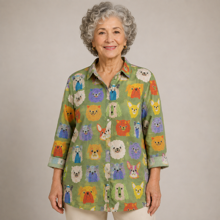 Barbara™ | Whimsical Cat Print Button-Up Blouse