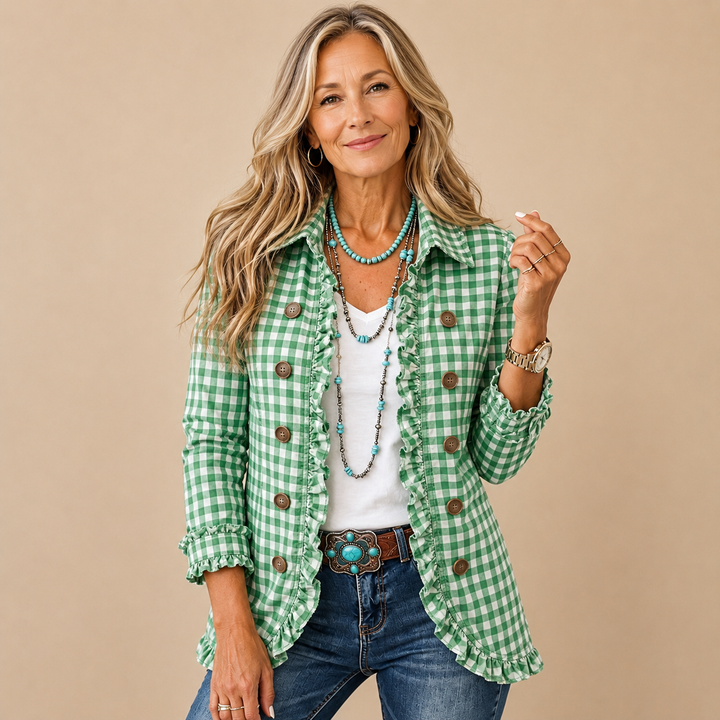 Célestine™ | Gingham Ruffle Double-Breasted Blazer