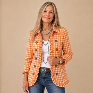 Célestine™ | Gingham Ruffle Double-Breasted Blazer