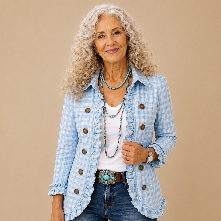 Célestine™ | Gingham Ruffle Double-Breasted Blazer