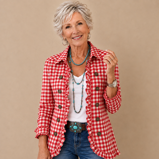 Célestine™ | Gingham Ruffle Double-Breasted Blazer