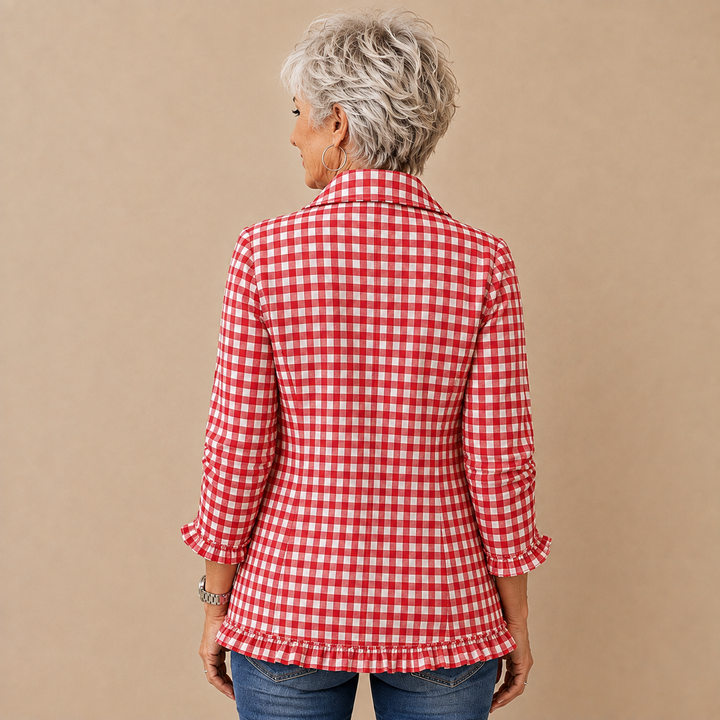 Célestine™ | Gingham Ruffle Double-Breasted Blazer