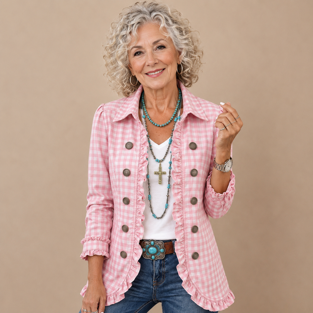 Célestine™ | Gingham Ruffle Double-Breasted Blazer