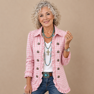 Célestine™ | Gingham Ruffle Double-Breasted Blazer
