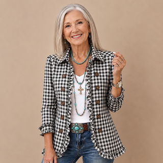 Célestine™ | Gingham Ruffle Double-Breasted Blazer