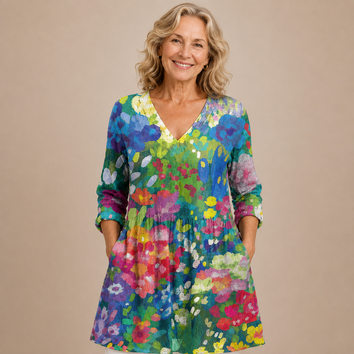 Maribel™ | Painterly Garden V-Neck Shirt