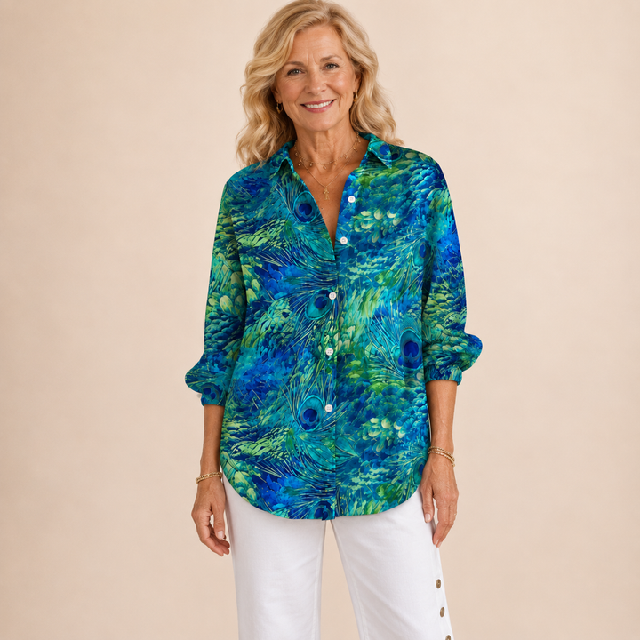 Elora™ | Peacock Feather Button Blouse
