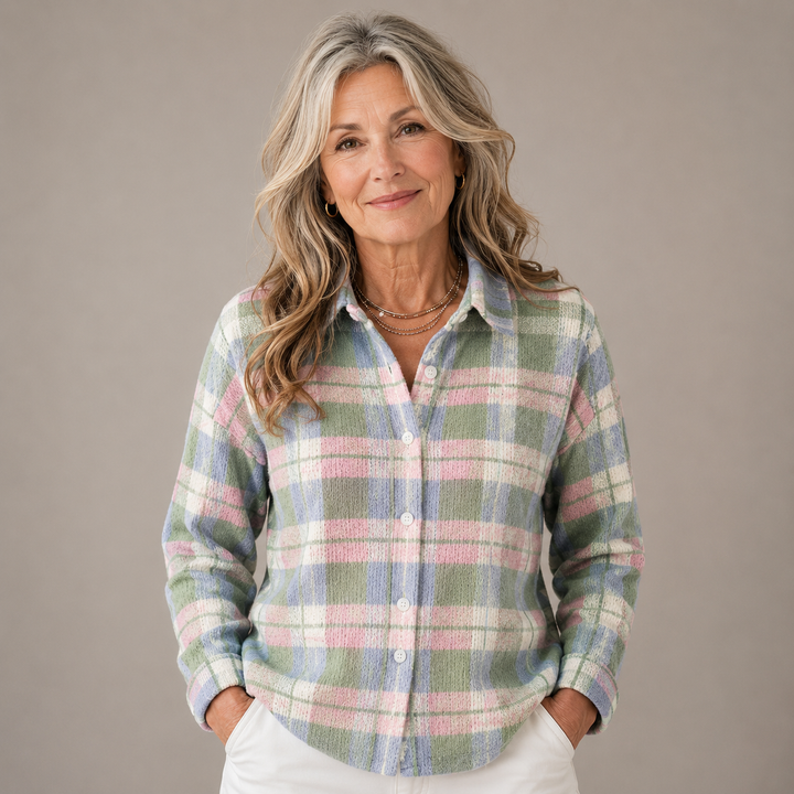 Elowen™ | Pastel Green & Pink Plaid Cardigan