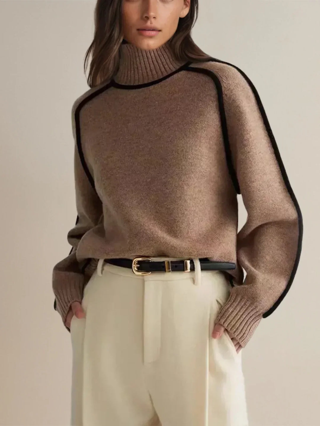 Mocha™ | Luxe Taupe Contrast Turtleneck Sweater