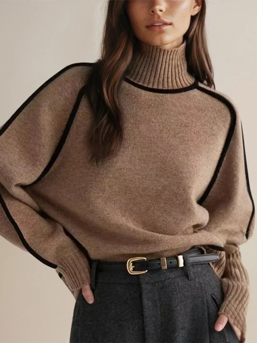 Mocha™ | Luxe Taupe Contrast Turtleneck Sweater