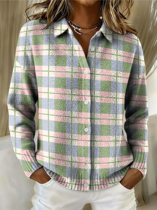 Elowen™ | Pastel Green & Pink Plaid Cardigan