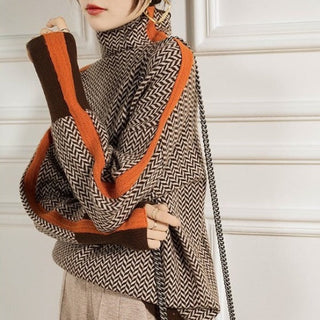 Auburn™ | Luxe Brown Herringbone Turtleneck Sweater