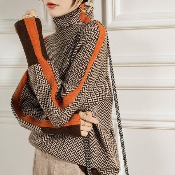 Auburn™ | Luxe Brown Herringbone Turtleneck Sweater