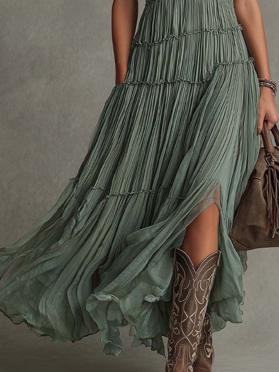 Freya™ | Sage Pleated Bohemian Maxi Dress