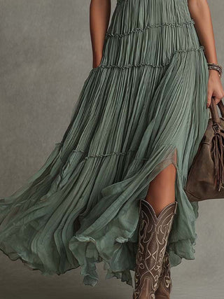 Freya™ | Sage Pleated Bohemian Maxi Dress