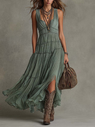 Freya™ | Sage Pleated Bohemian Maxi Dress