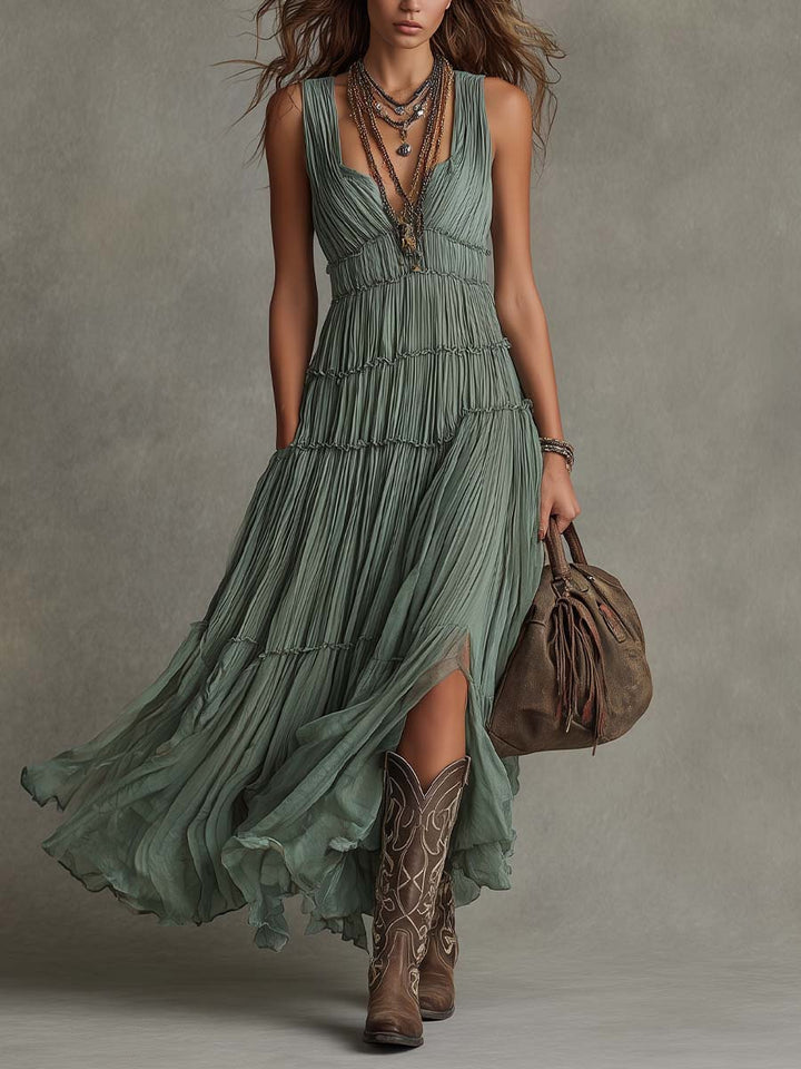 Freya™ | Sage Pleated Bohemian Maxi Dress