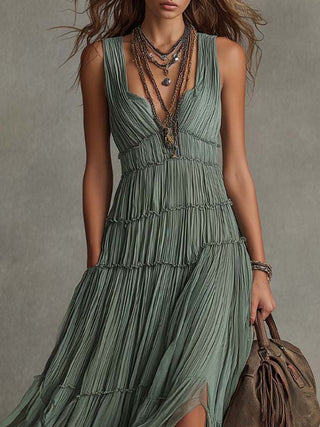 Freya™ | Sage Pleated Bohemian Maxi Dress