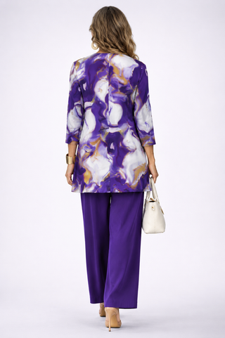 Celestine™ | Elegant Purple Abstract Print 3-Piece Tunic & Trousers Set
