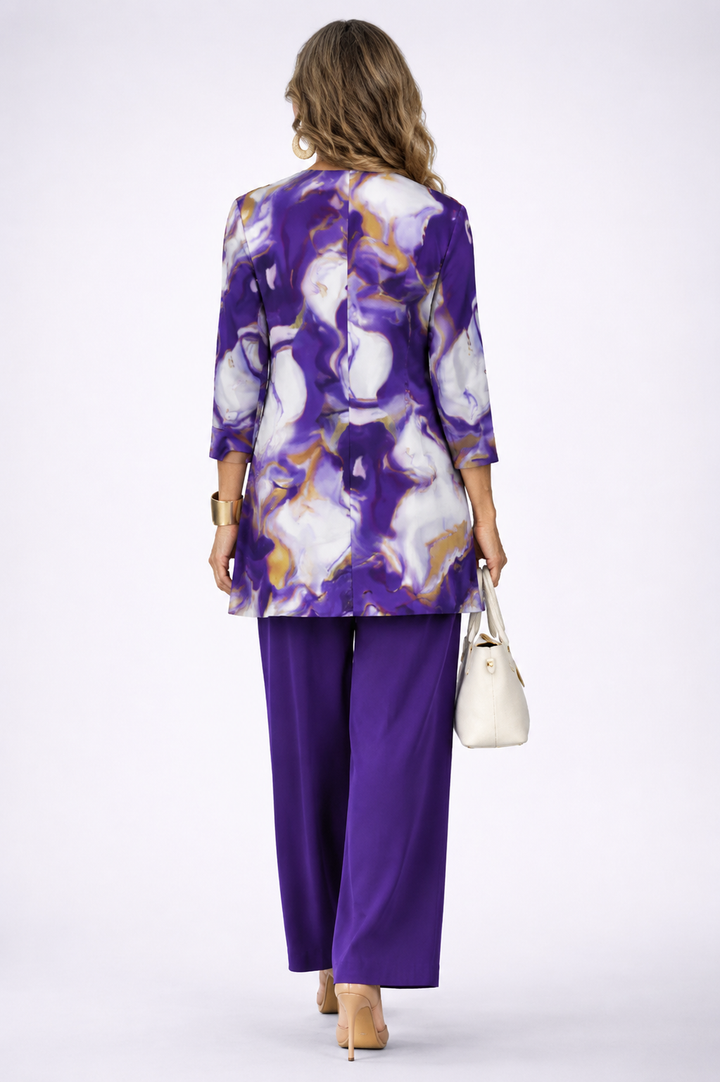 Celestine™ | Elegant Purple Abstract Print 3-Piece Tunic & Trousers Set