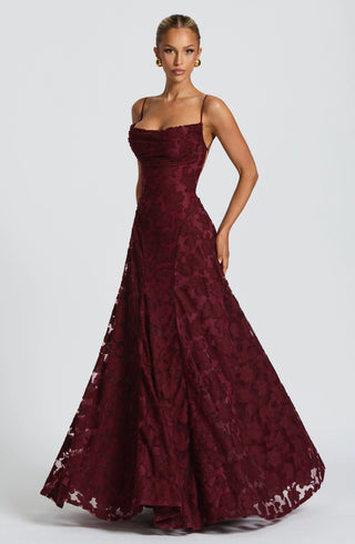 Madeleine | Bordeaux Lace Evening Gown