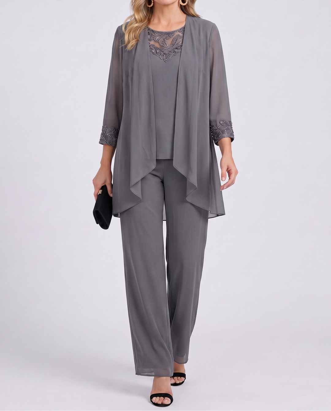 Genevieve™ | Elegant Slate Grey Lace Overlay 3-Piece Set