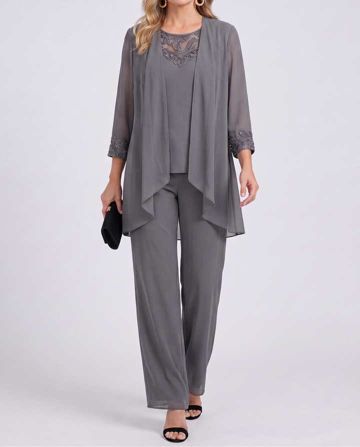 Genevieve™ | Elegant Slate Grey Lace Overlay 3-Piece Set
